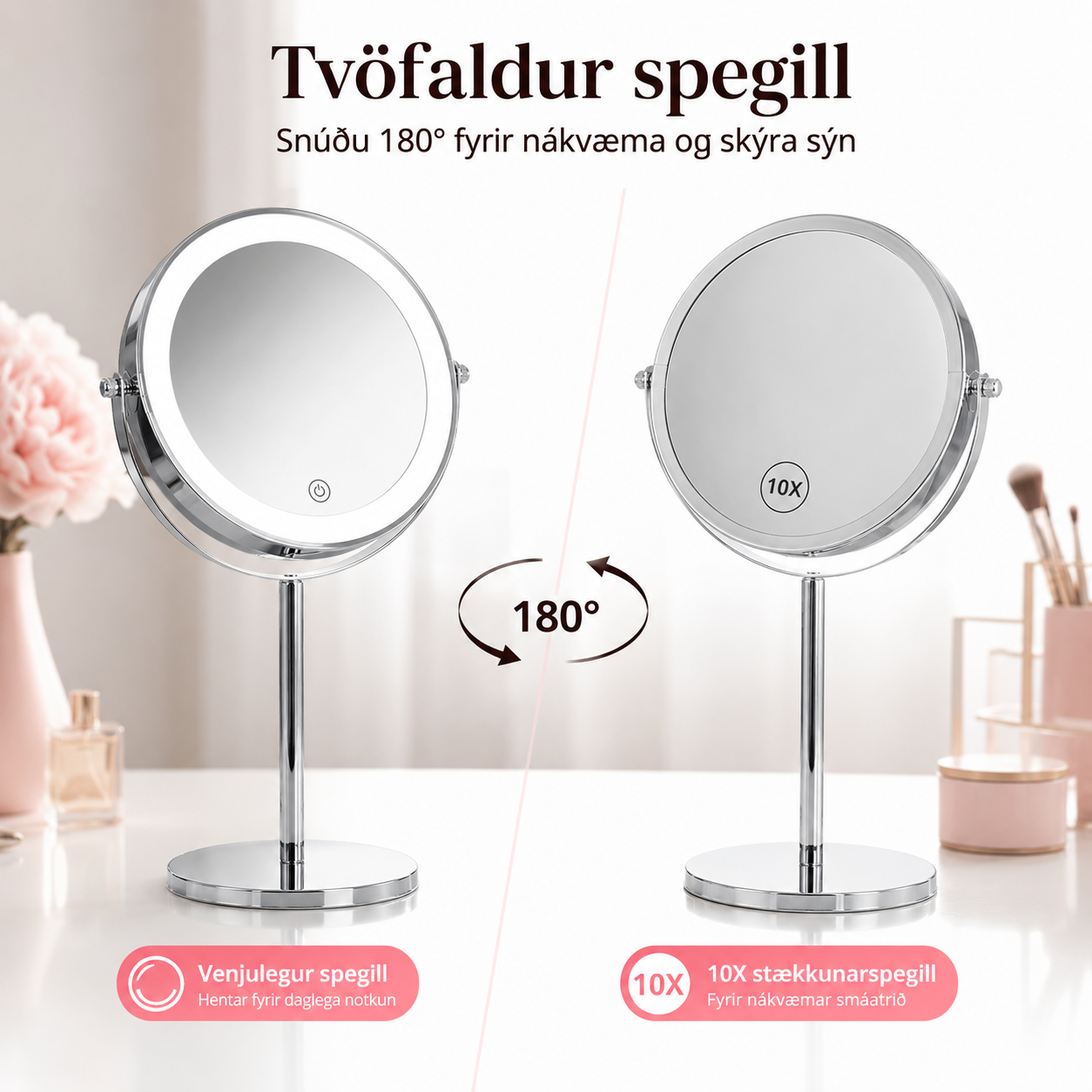 Tvöfaldur LED spegill stór 38 cm