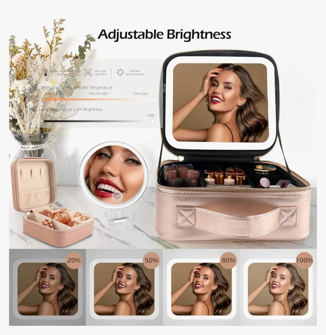 Förðunartaska m/ LED spegil / Lazerhúðað PU leður