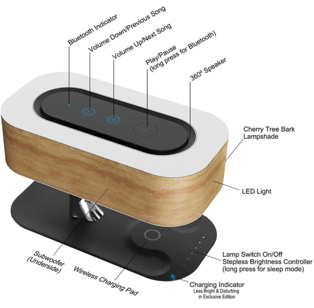 Trélampi / Bluetooth hátalari / Hleðslustöð (sjáðu myndbandið)