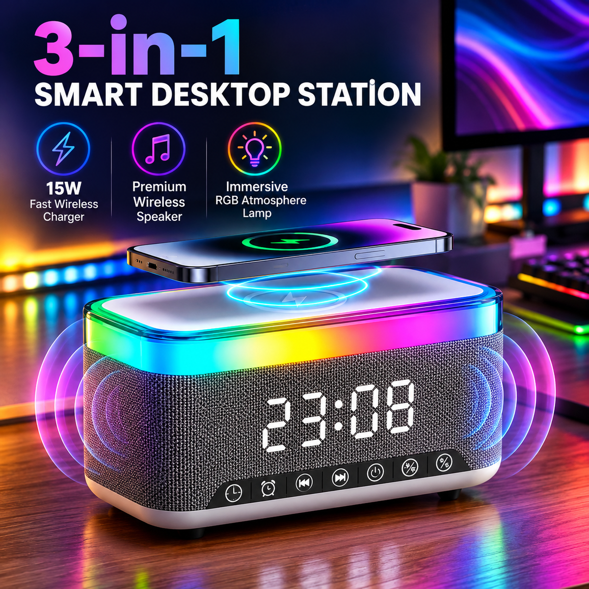 3 in 1 vekjaraklukka m/ hleðslustöð & bluetooth hátalara