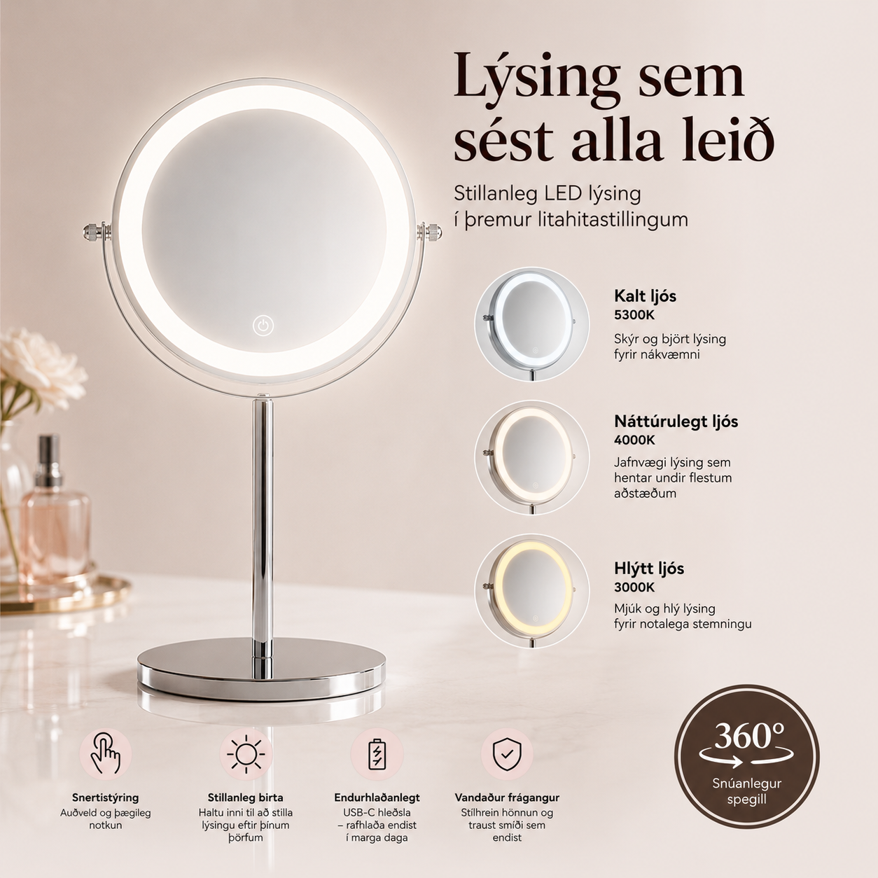 Tvöfaldur LED spegill stór 38 cm