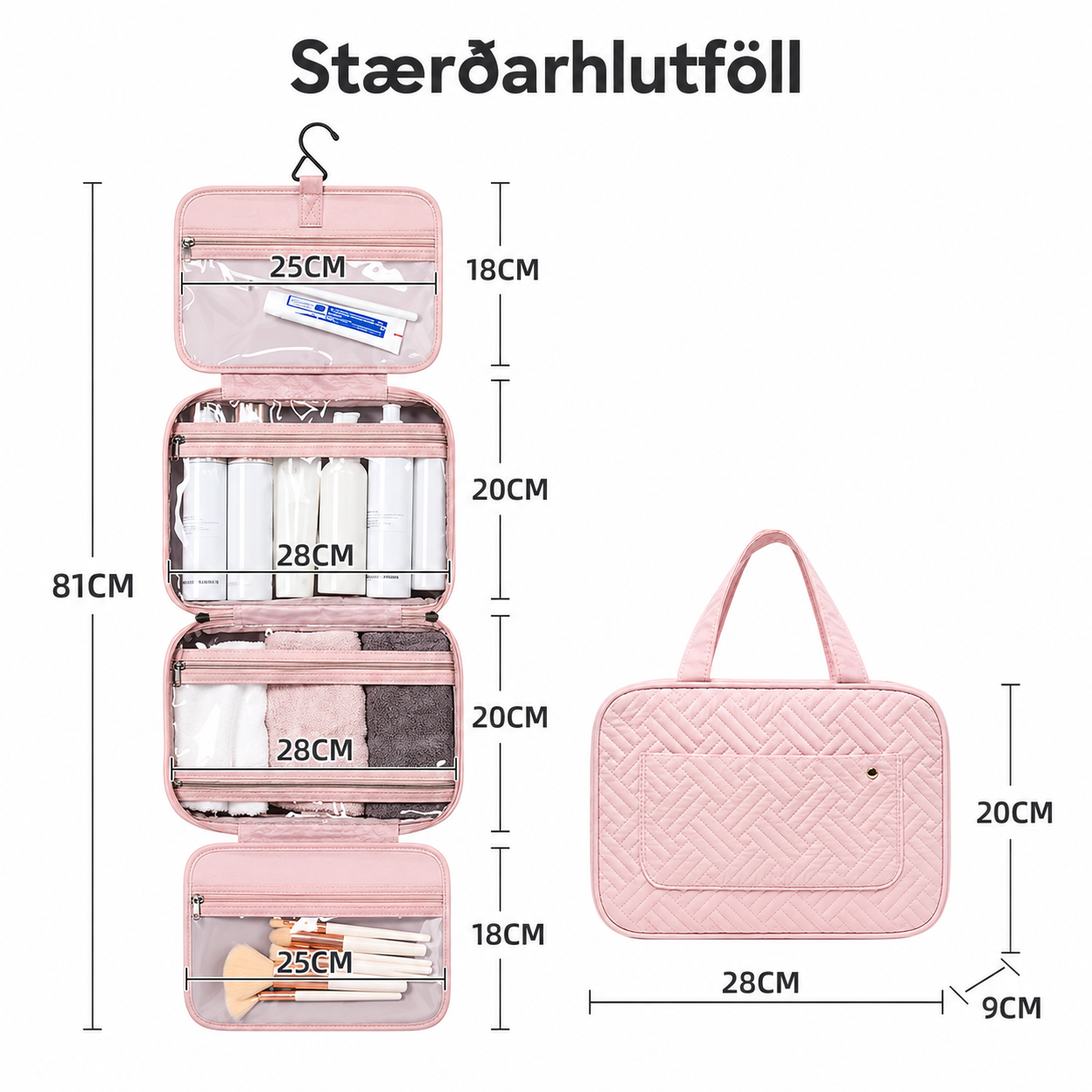 Snyrtitaska m/ þrefaldri opnun Nylon / 4 litir