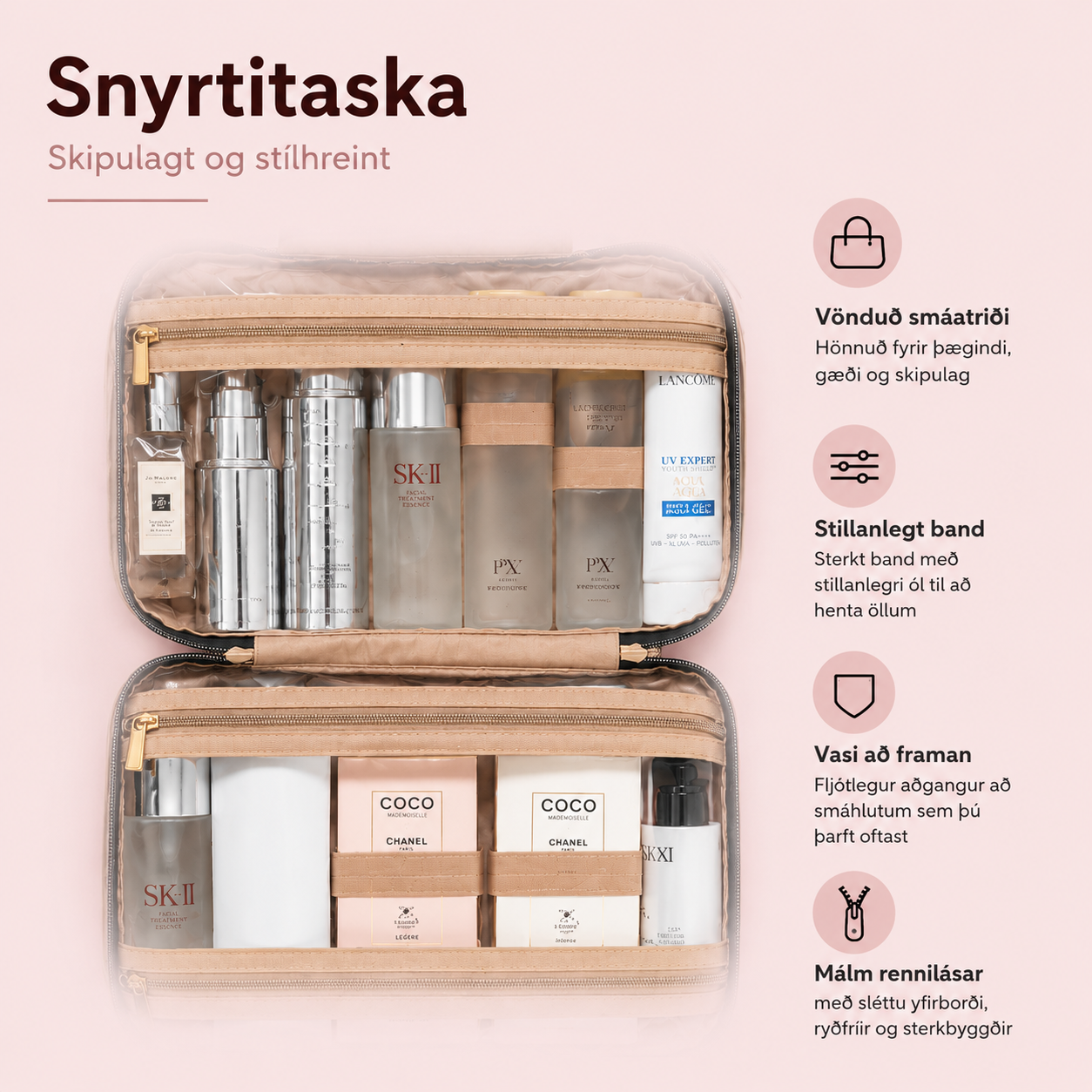 Snyrtitaska m/ þrefaldri opnun Nylon / 4 litir