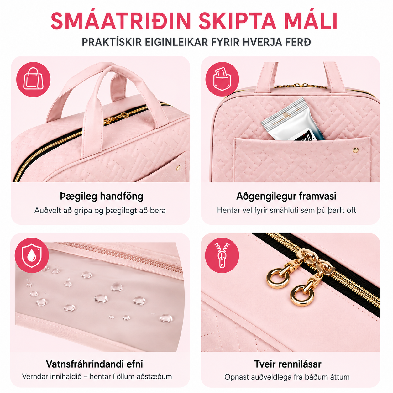 Snyrtitaska m/ þrefaldri opnun Nylon / 4 litir