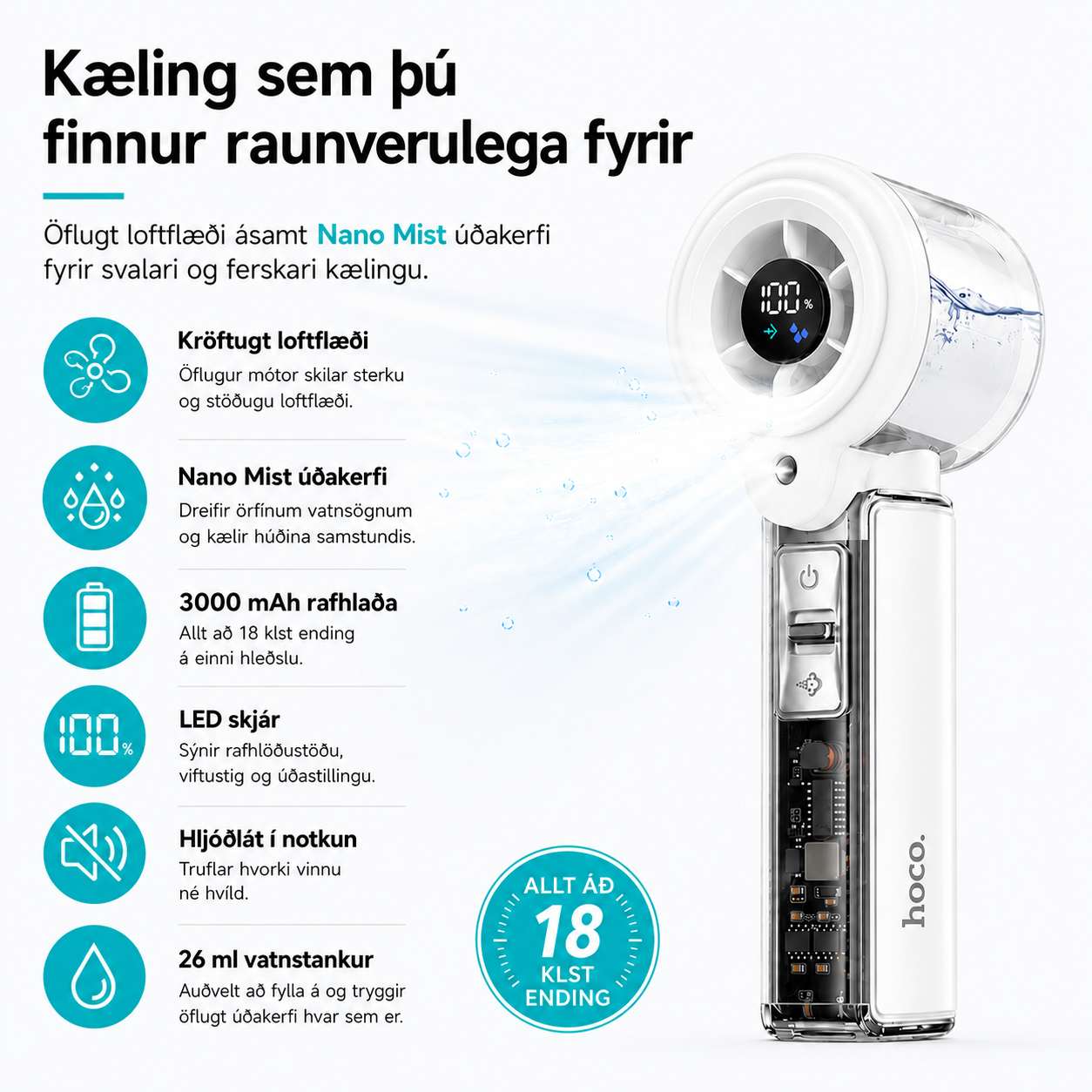 Hoco Crystal ferðavifta m/ úðakerfi