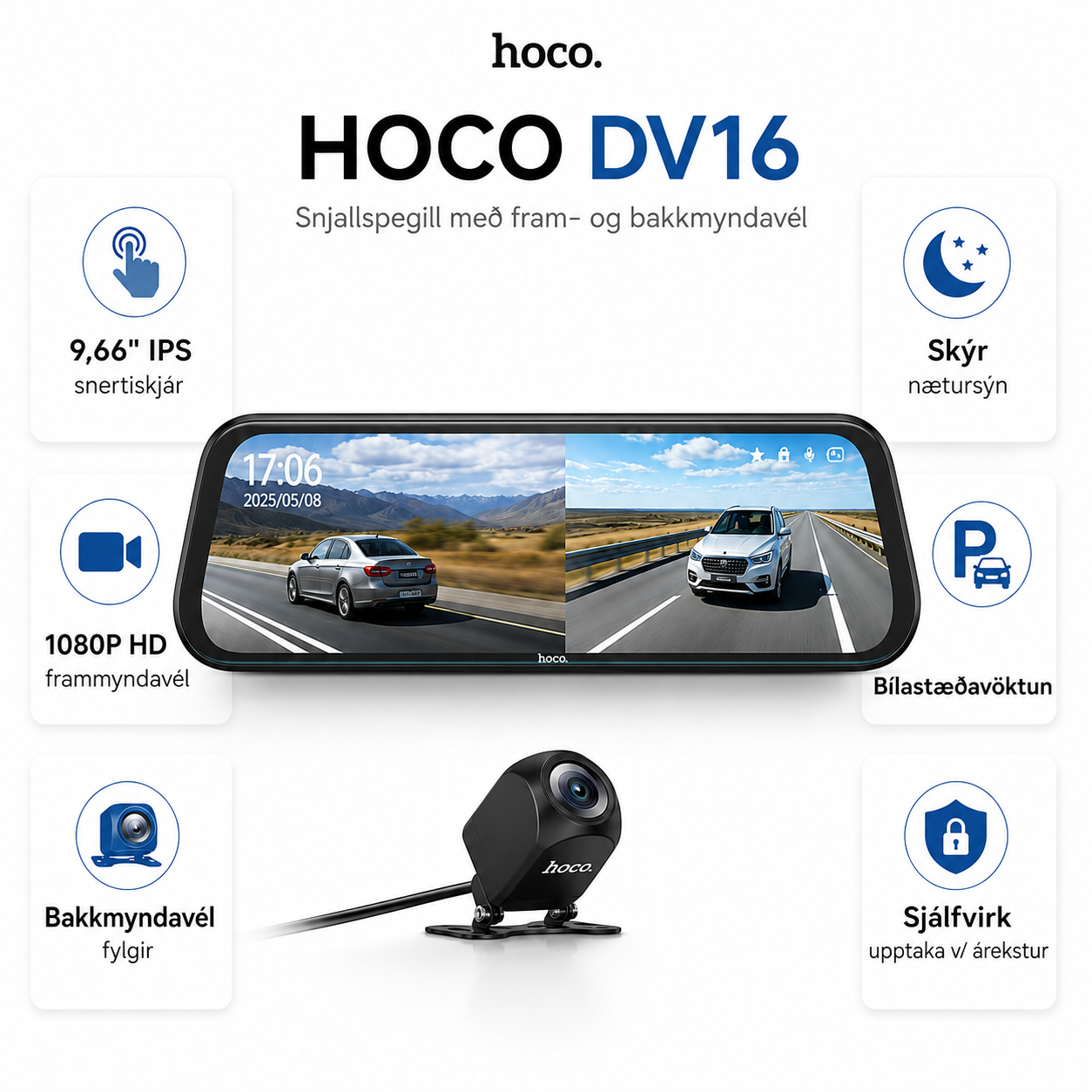 Hoco DV16 Dual channel dashcam m/ baksýnisspegil m/ snertistjórnun