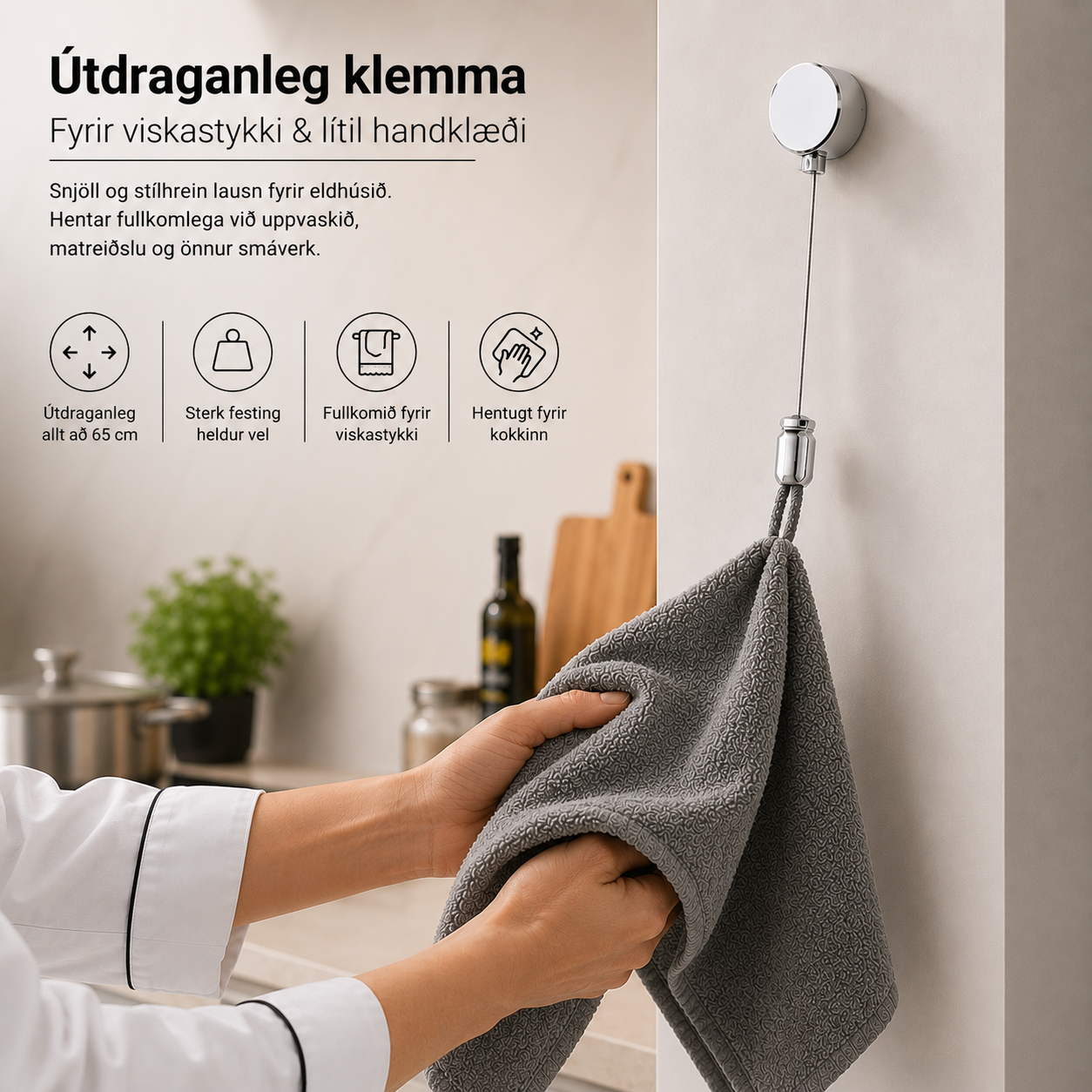 Klemma undir viskastykki m/ útdraganlegum vír