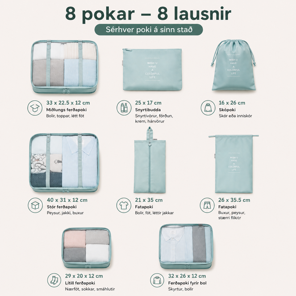 Ferðasett m/ 8 hólfum / 5 litir
