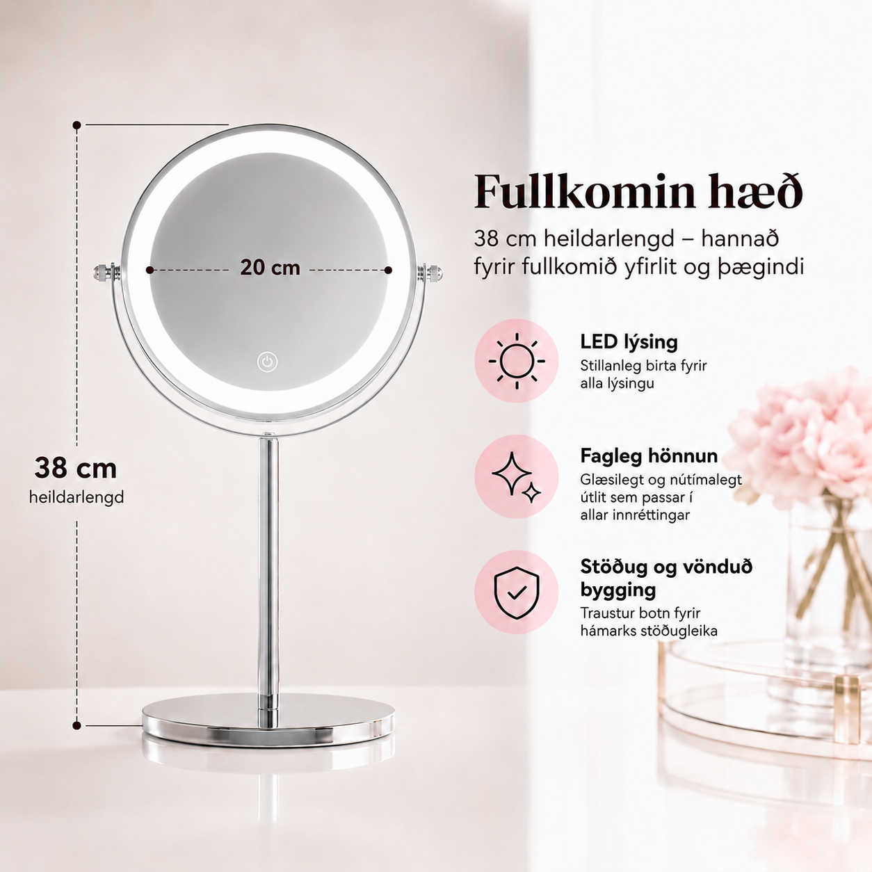 Tvöfaldur LED spegill stór 38 cm