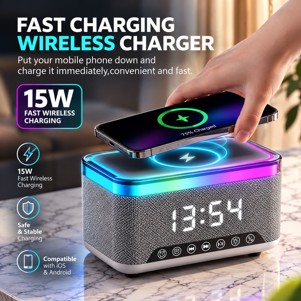 3 in 1 vekjaraklukka m/ hleðslustöð & bluetooth hátalara