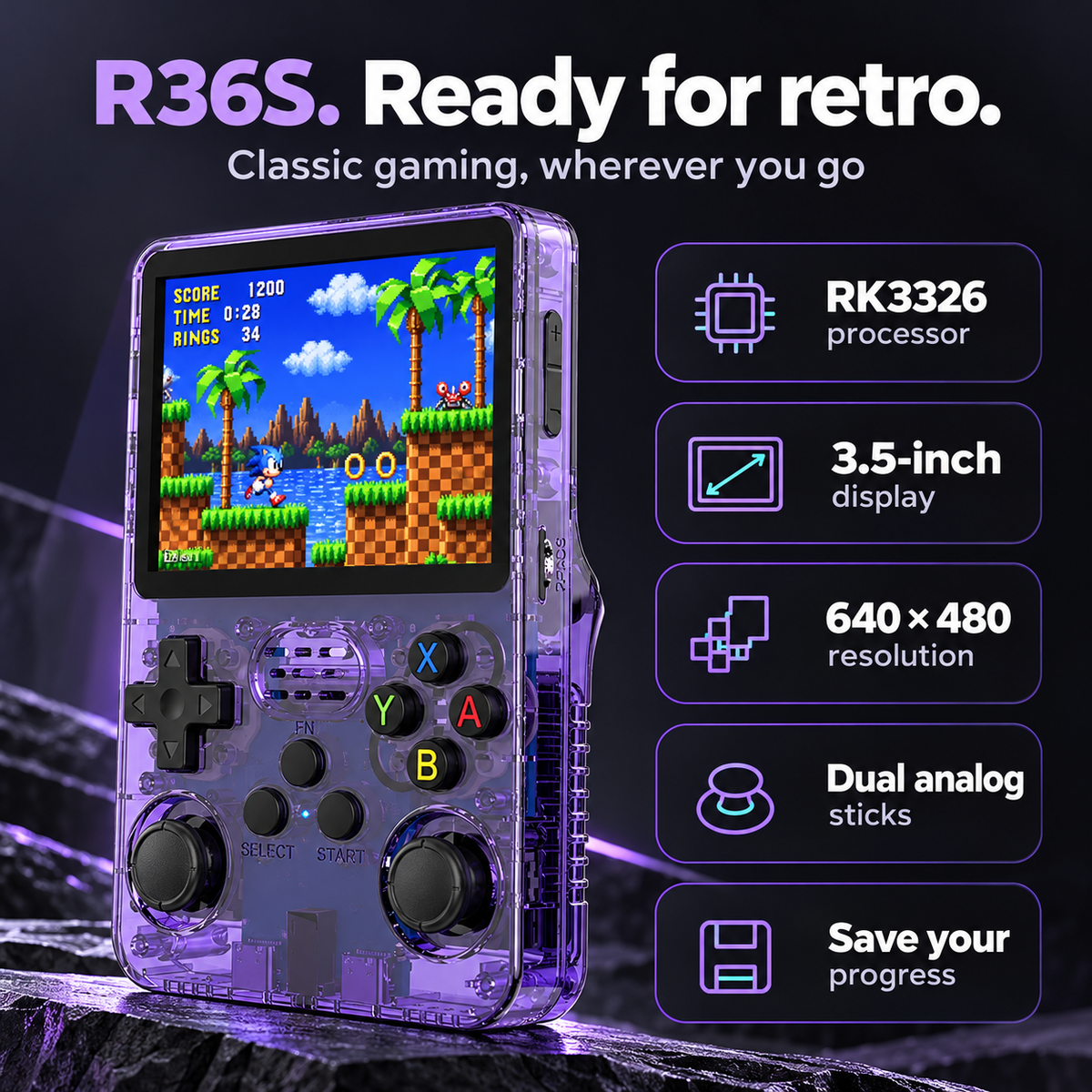 R36S handtölva / Original Dual Chip - ArkOS 2.0 // FORPÖNTUN