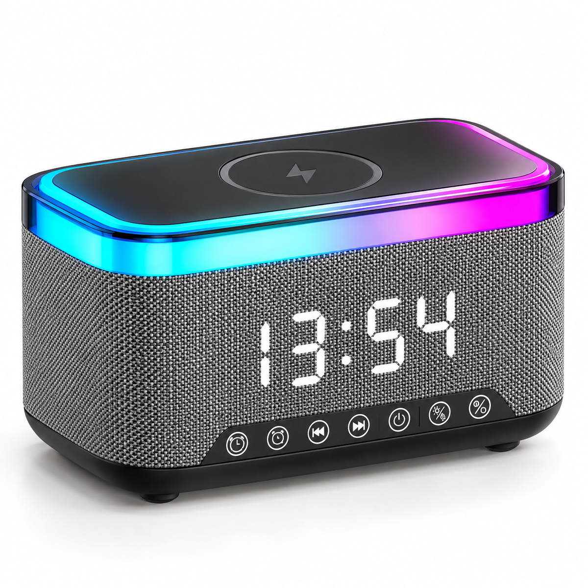 3 in 1 vekjaraklukka m/ hleðslustöð & bluetooth hátalara