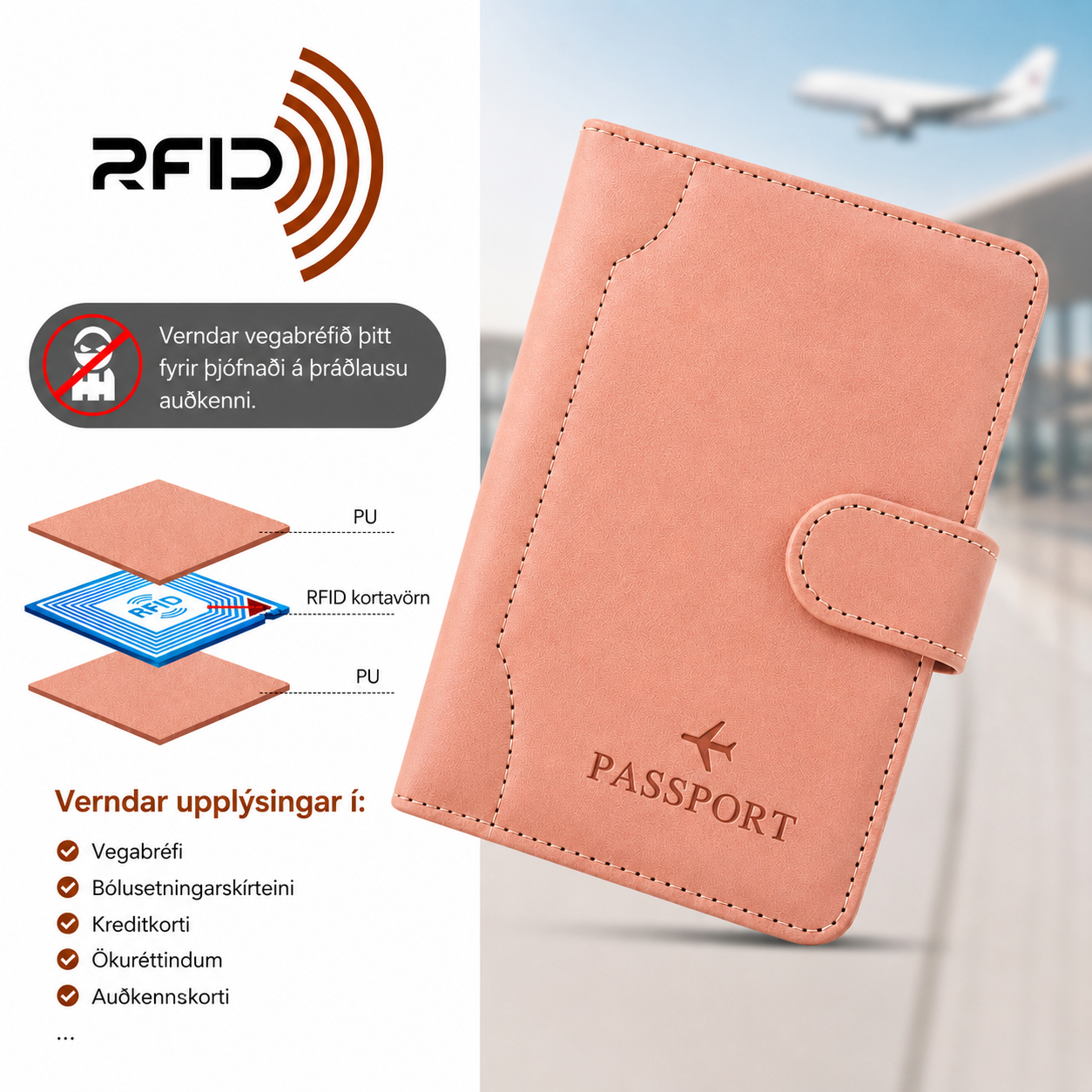 Vegabréfsveski m/ RFID kortavörn / Ný útgáfa