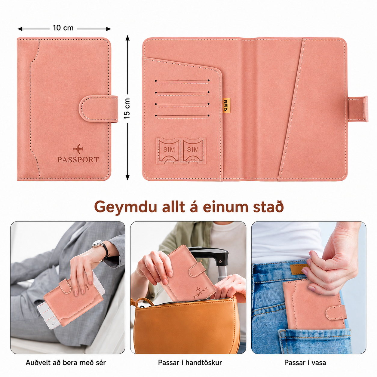 Vegabréfsveski m/ RFID kortavörn / Ný útgáfa