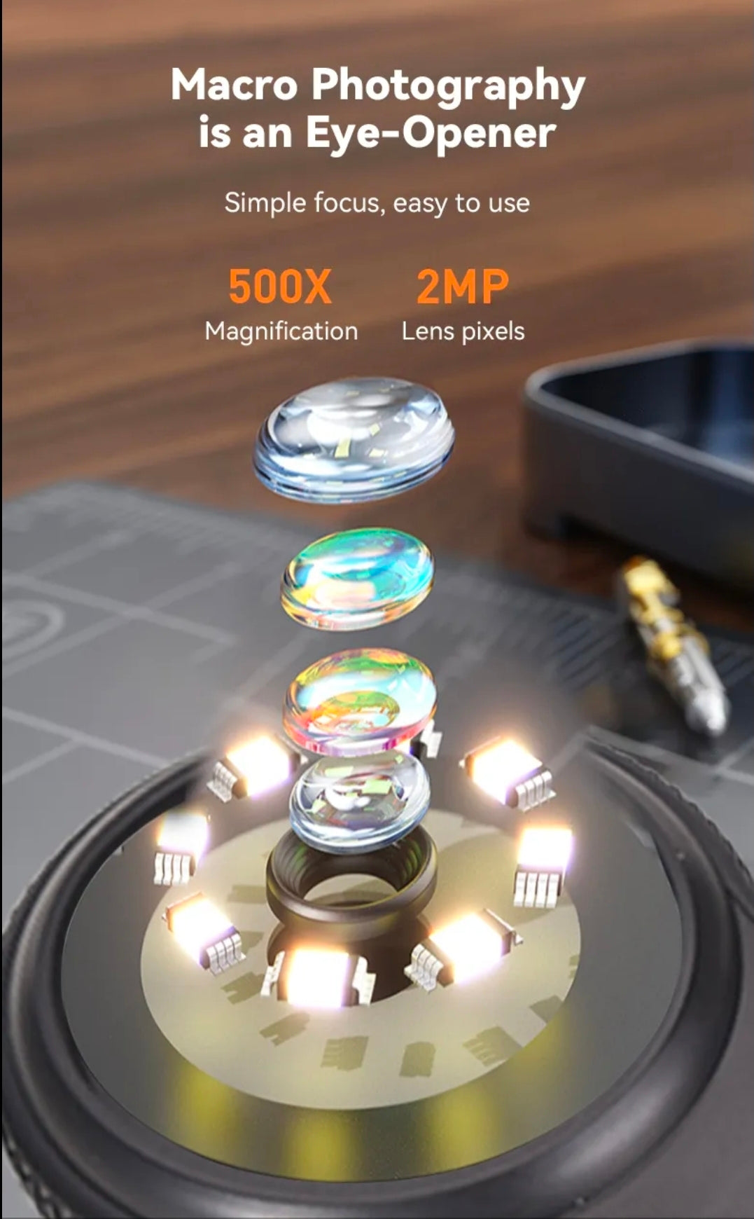 Smásjá m/ lýsingu & 500x stækkun / SD kort